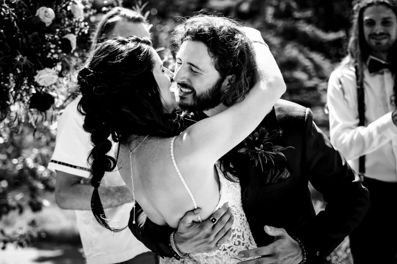 First kiss of newlyweds in Banff.