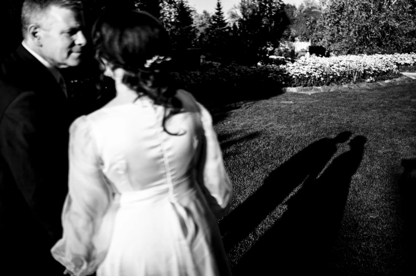 Shadow of the newlyweds in black and white.