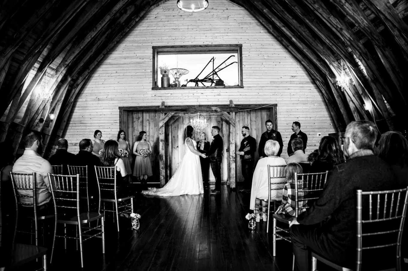 Beautiful Calgary Wedding Ceremony in the rustic shed. Fantastic black and white photography taken by Calgary Wedding Photographer.