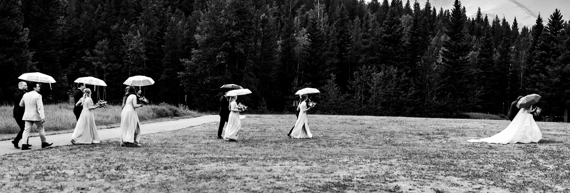 Newlyweds and wedding party walk in the rain