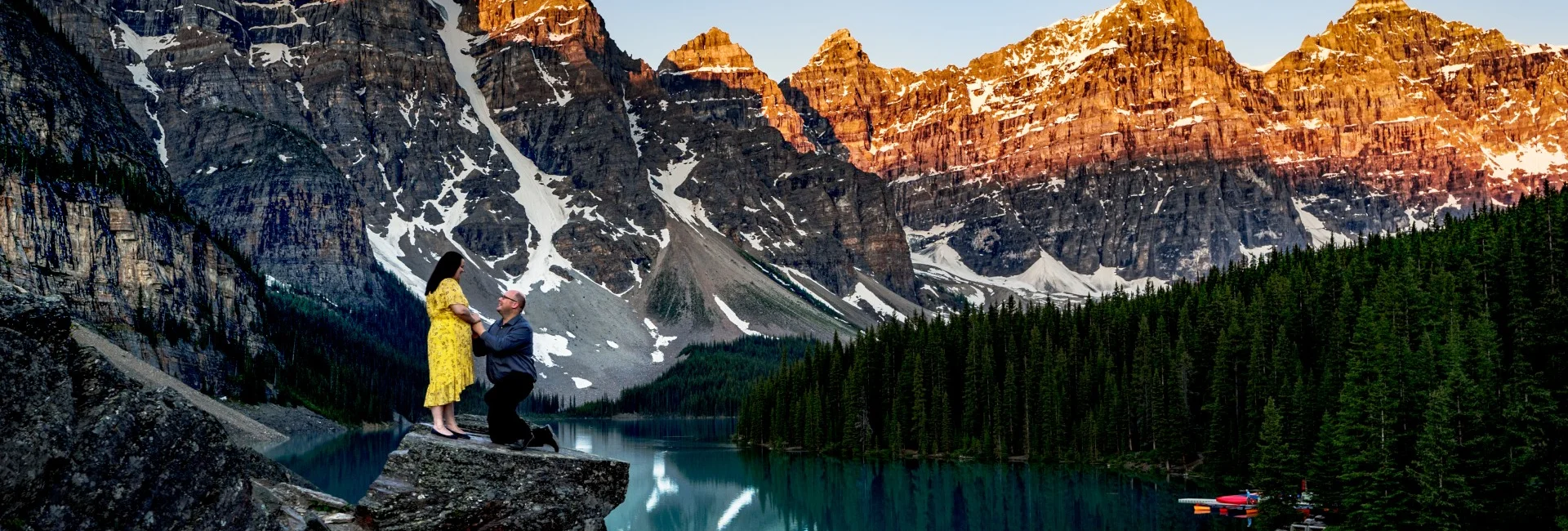 Romantic Proposal at Moraine Lake captured by Baff Wedding Photographers