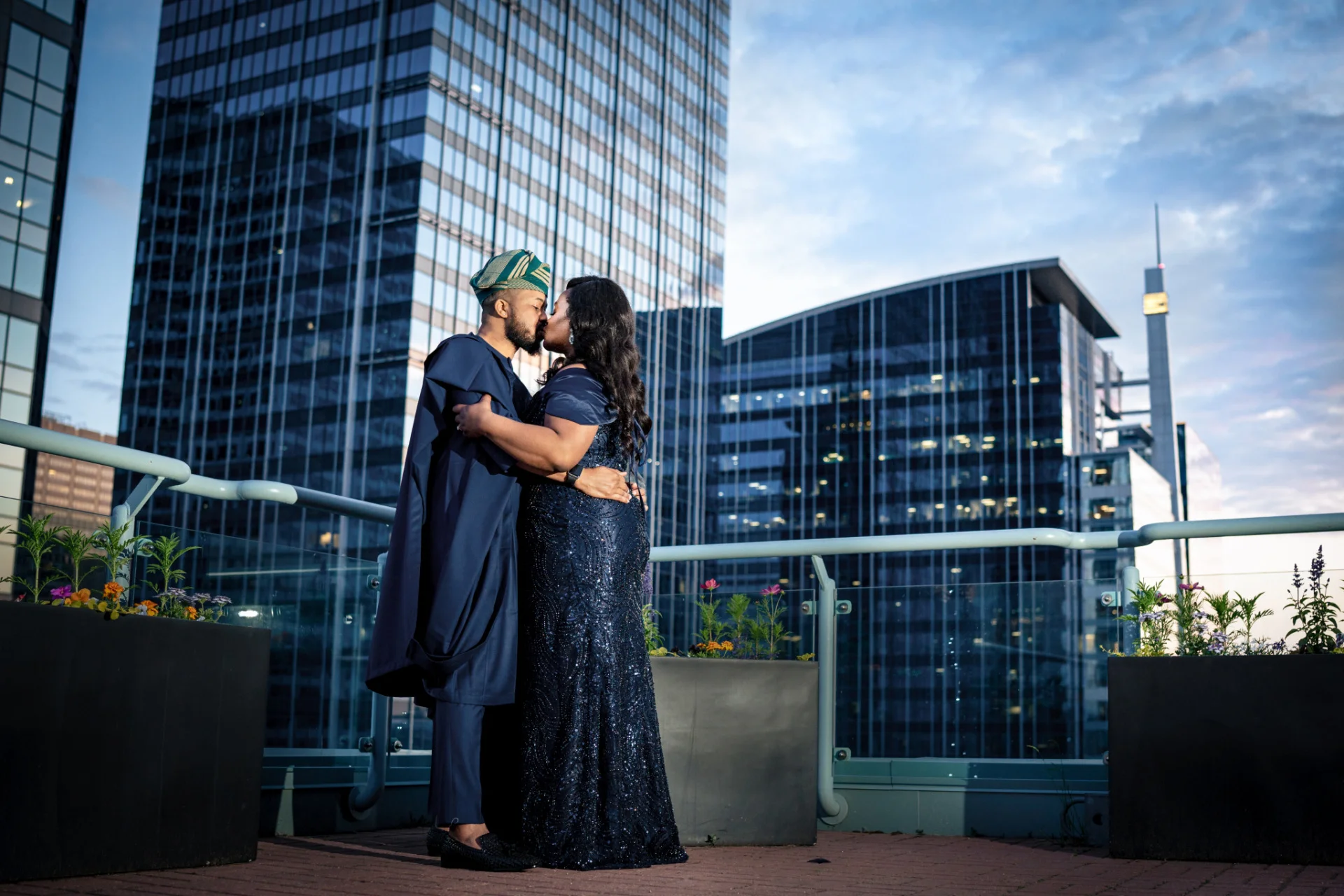 Bride and groom kiss in Calgary downtown