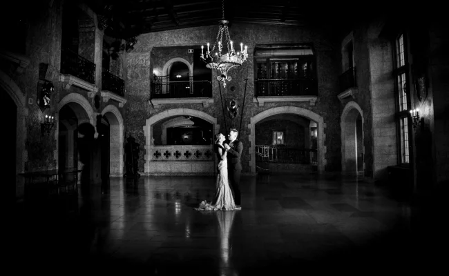 Newlyweds dance at the ball room in Banff Fairmont Hotel. Moment captured by Eliza Slobodzian - Banff Wedding Photographer.