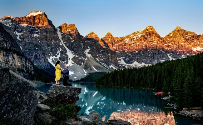 Romantic Proposal at Moraine Lake captured by Baff Wedding Photographers