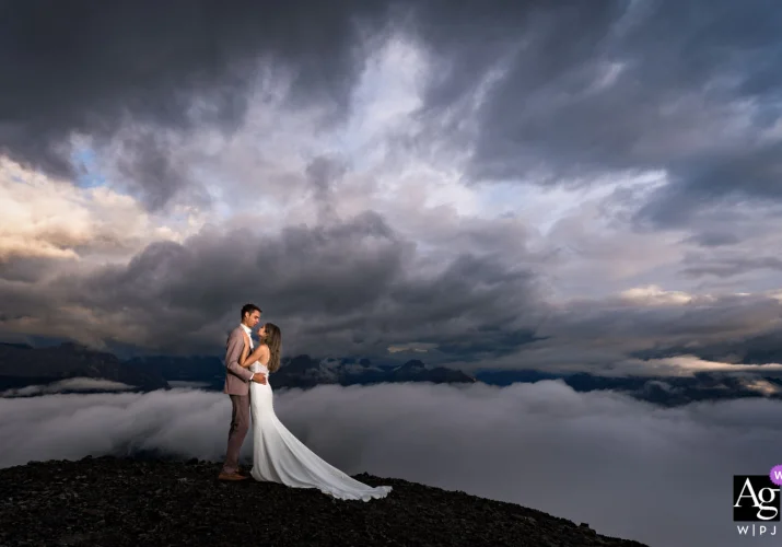 Bride and groom at the top of the mountain