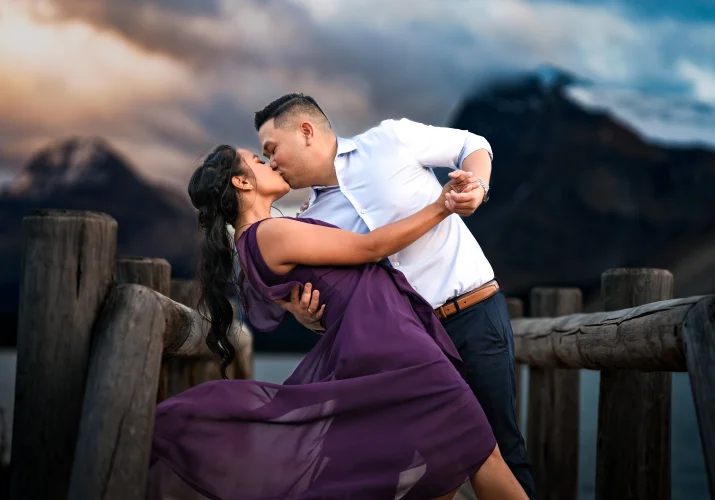 Engaged couple kiss during Banff engagement session