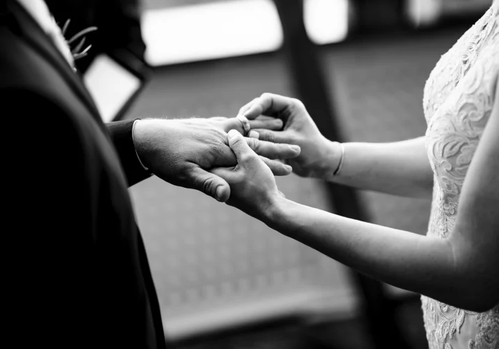 Wedding Ring Exchange in black and white.