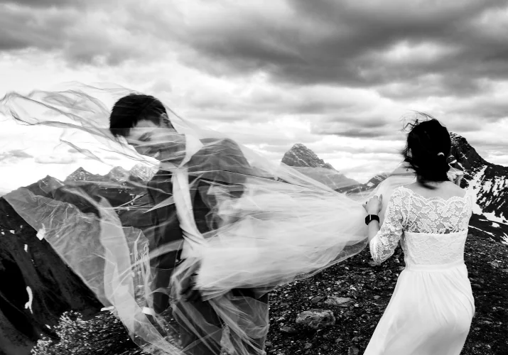 The bride's veil covered all the groom. Funny photograph on the windy day.