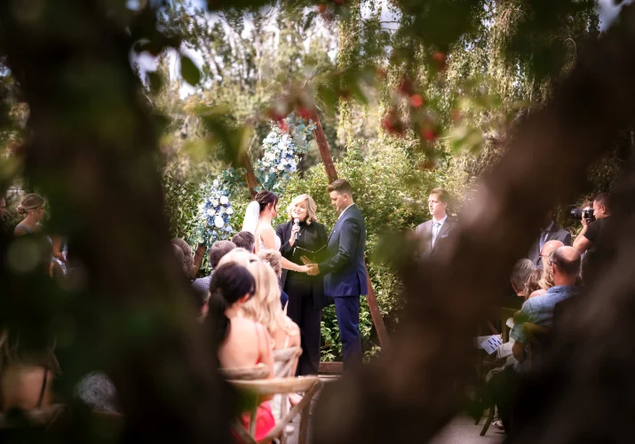 Photograph through the tree of the wedding ceremony in Calgary.