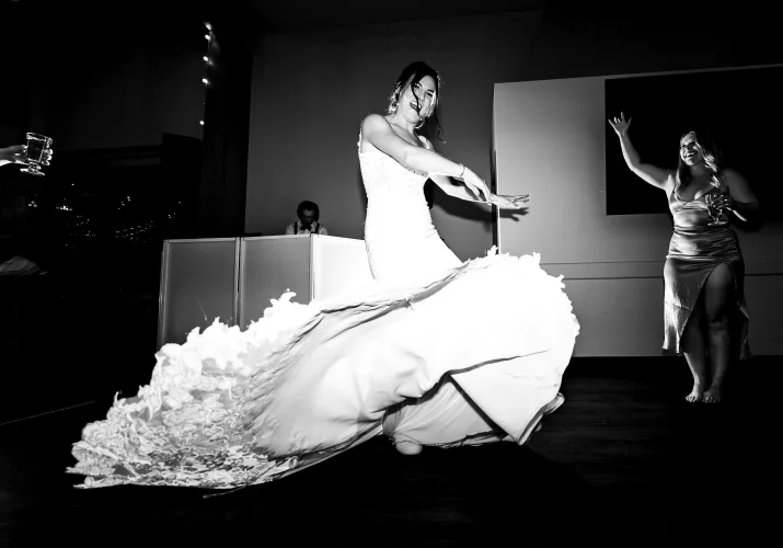 bride dances and her wedding dress flies