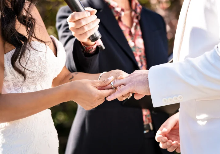 Wedding Detail Photograph of the bride putting the wedding ring on the groom's finger