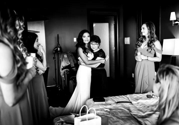 Mother of the bride hugs her before the wedding ceremony in Calgary