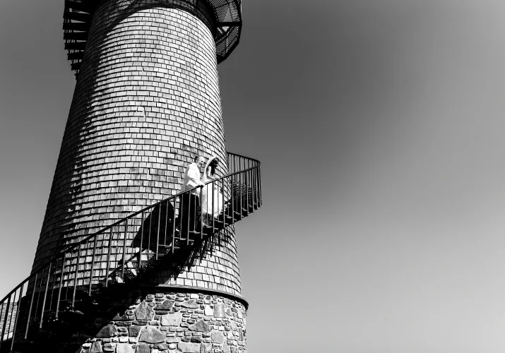 bride and groom climbing the tower in Calgary