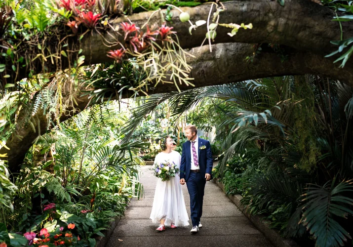 Newlyweds walks at the Calgary Zoo after their Calgary wedding