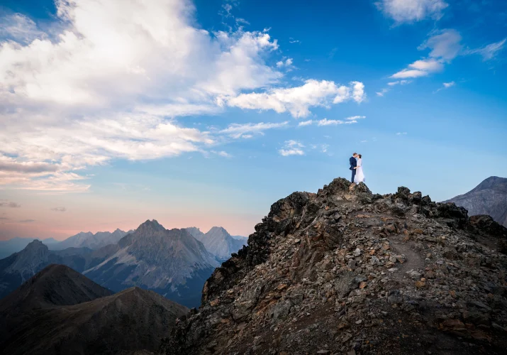 Banff Adventure Photography of the bride and groom at the top of the mountain