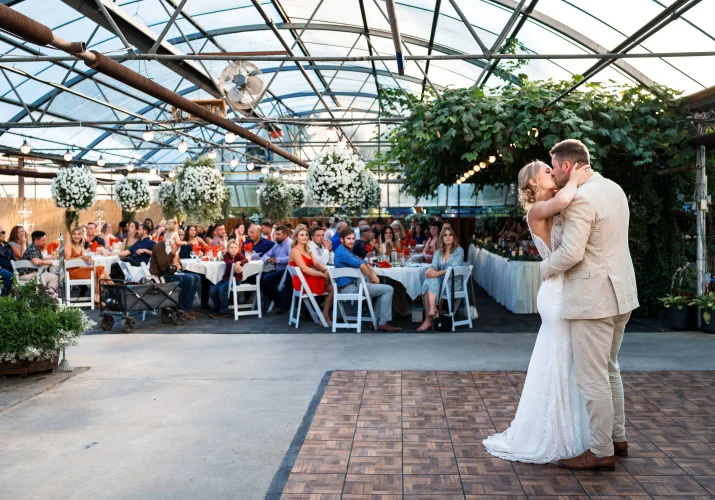 Frist dance of the newlyweds while thei kiss behind them all the quests watching them at the reception in Watertoon.