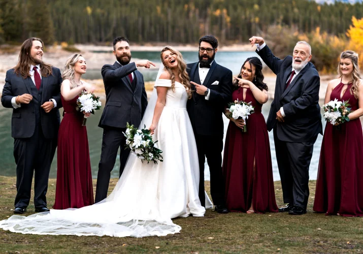 Wedding Party pointing their fingers at the bride during photo session with Bnaff Wedding Photographer