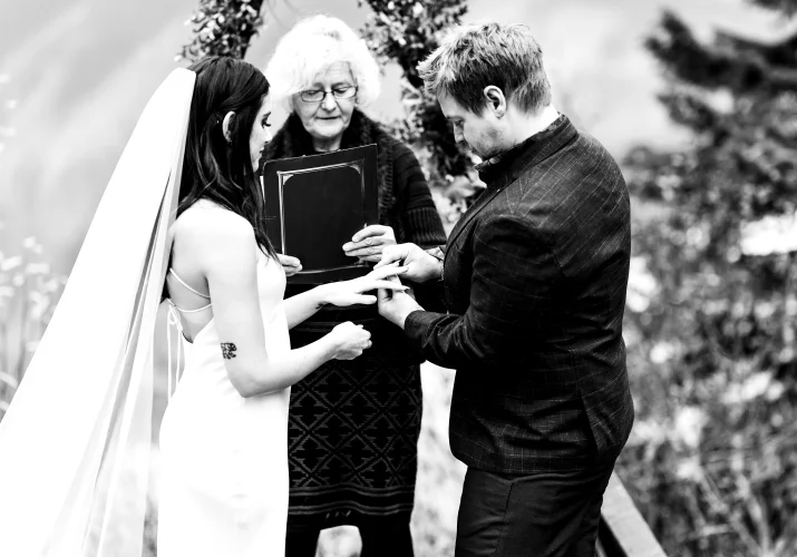 Ring exchange at Banff Elopement Ceremony