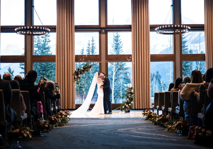 Canadian Wedding Photography of the first kiss in Canmore