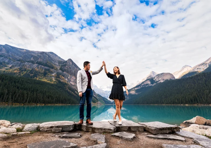 Banff Engagement Photography of dancing couple in the mountains