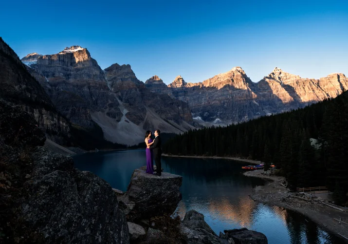 Wedding Anniversaty Session at Moraine Lake against huge mountains