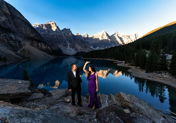 Wedding Anniversary Session at Moraine Lake of the dancing couple.