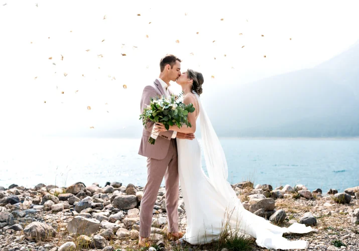 Bride and groom's first kiss after wedding elopement ceremony