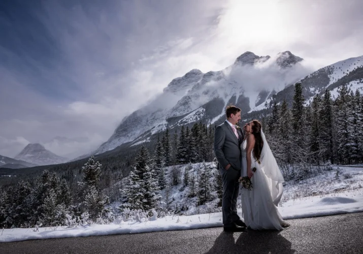 bride and groom portrait in Pomeray Hotel in Kananaskis