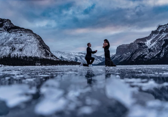 Proposal on one knee during gorgeous sunrise in Banff.