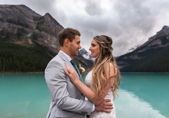 Bride and Groom looking at each other with love after elopement ceremony