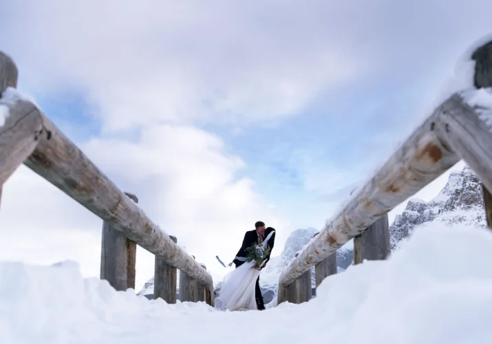 Emotional moment during newlyweds kiss in Banff National Park