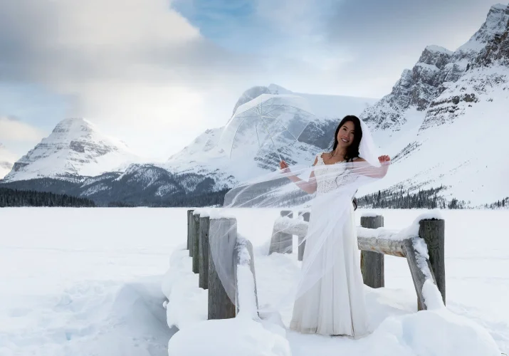 Bridal portrait at Bow Lake in Banff