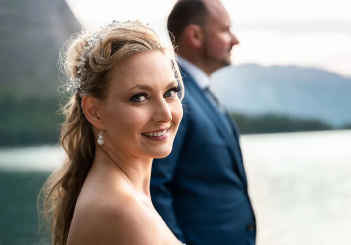 Beautiful bride's portrait at Minnewanka Lake.
