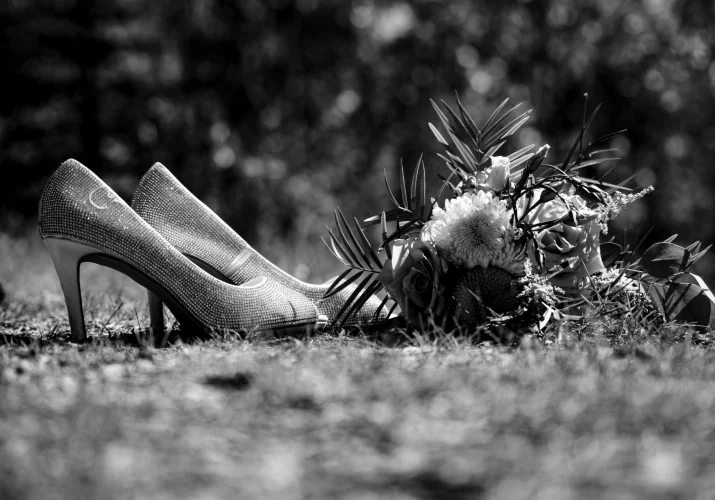 wedding shoes and bouquet