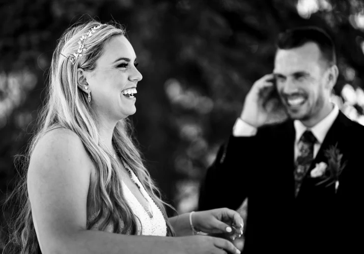 Bride and Broom laughing during Banff wedding