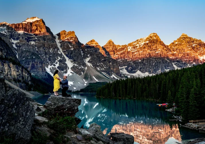 Romantic Proposal at Moraine Lake captured by Baff Wedding Photographers