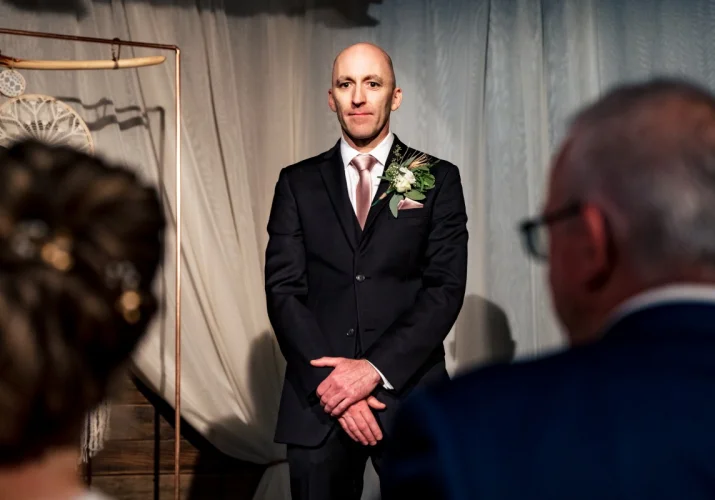 groom's first look on Calgary Wedding
