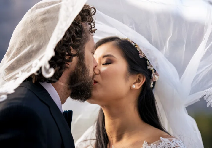 Newlyweds kissing under the veil.