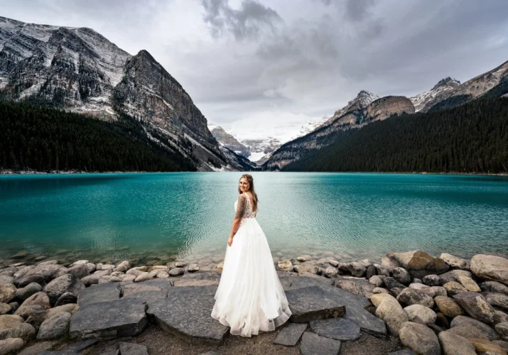 Bride enjoy stunning view at Lake Louise.