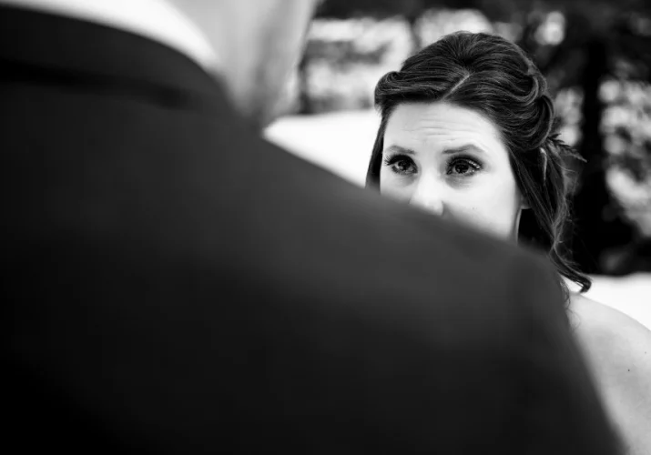 Bride cries during Banff elopement.