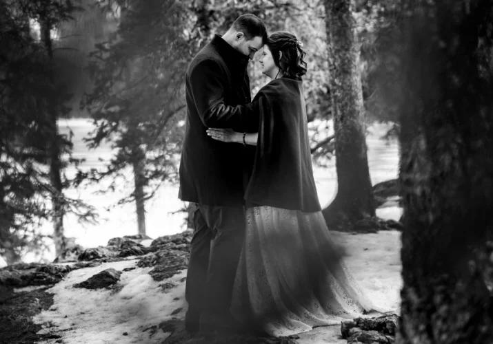 Couple in love hug and look into each others eyes.