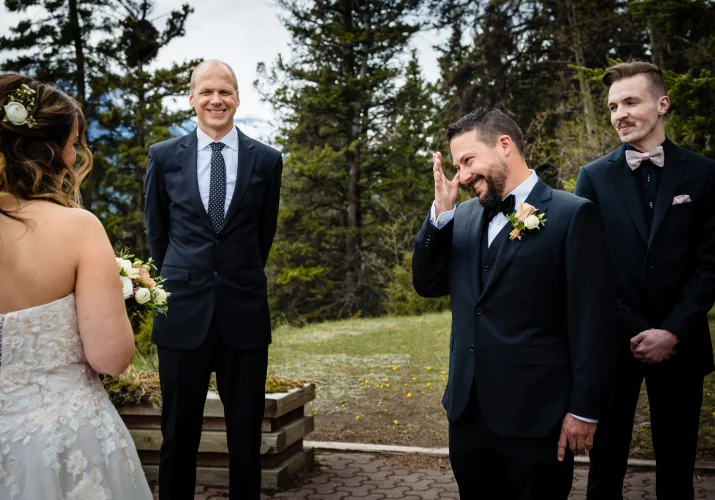 First look during outdoor elopement in Banff.