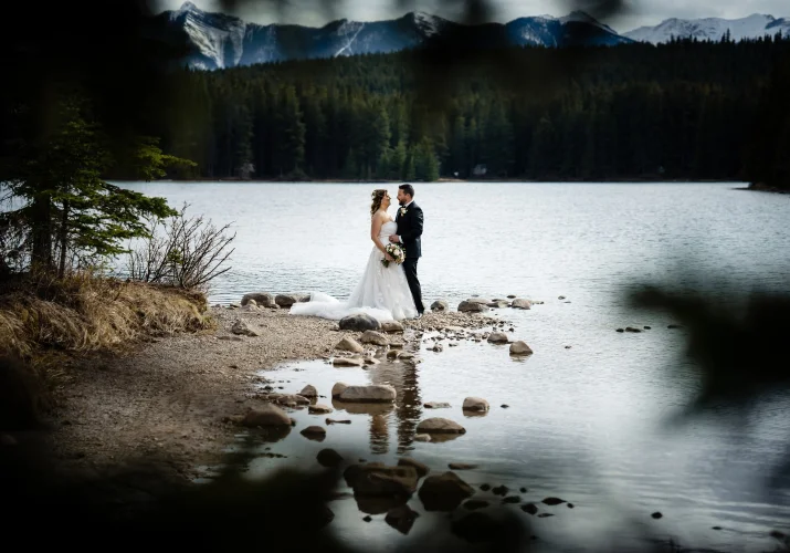 Shoot through the tree on the newlyweds. Creative wedding photography