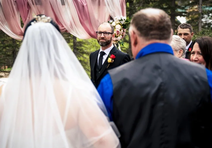 Groom's first look during Banff elopement.