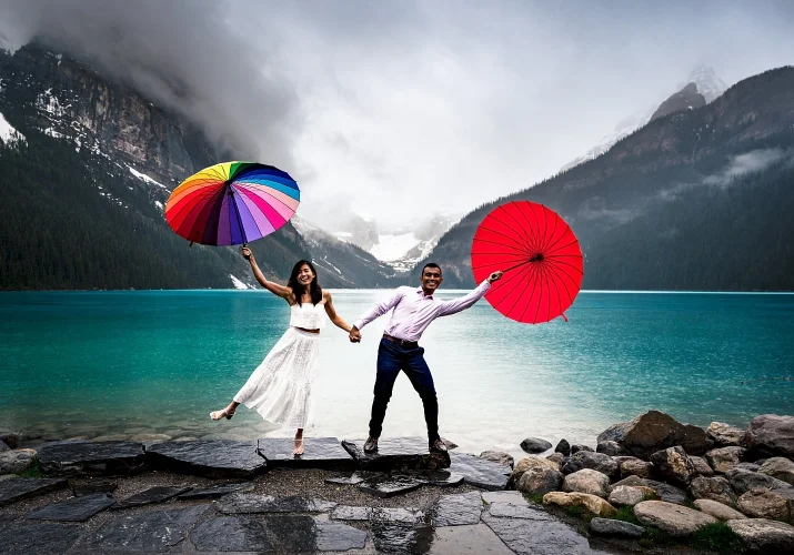 Engaged couple having fun with colourful umbrellas during an engagement, rainy photo session an Lake Louise.