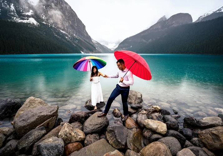 Couple walking down the Lake Louise on the rainy day.