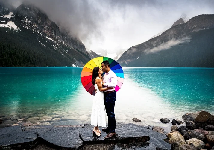 Beautiful dressed couple look at each others eyes under an umbrella during rainy day at Lake Louise.