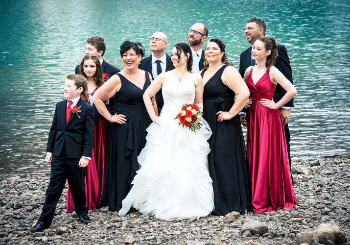 Bridal Party attracted by a bird. The all look at the sky and smile.