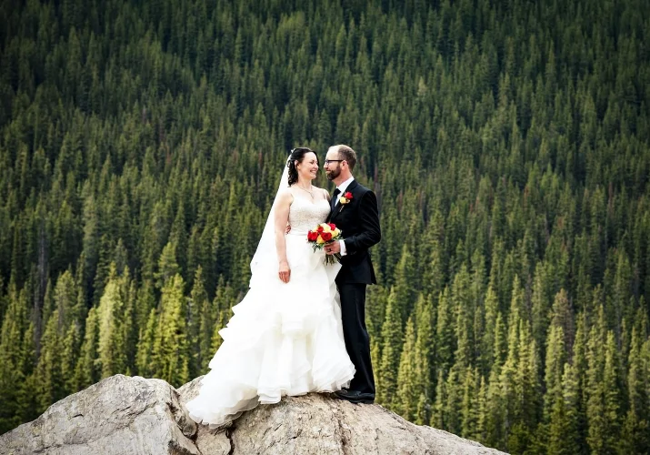 Newlyweds portrait in the rock against green forest