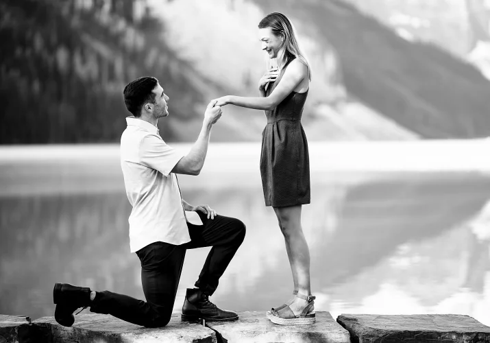 Proposal at Lake Louise. Men went down the knee with the ring in his hand.